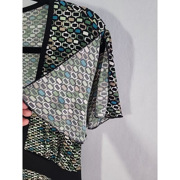 Vintage 90s Babydoll Top Black Green Geometric Flutter Short Sleeve Bow Boho USA - Picture 9 of 15